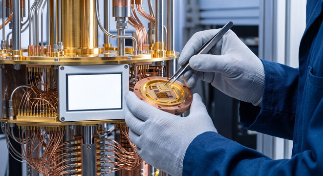 Quantum computer engineering a scientist works with quantum processor in a dilution refrigerator.