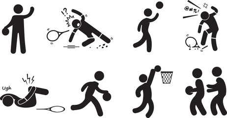 Sports stick figures icon set showing tennis injuries, bad behavior, and basketball actions © YASIR ARAFAT EAVN