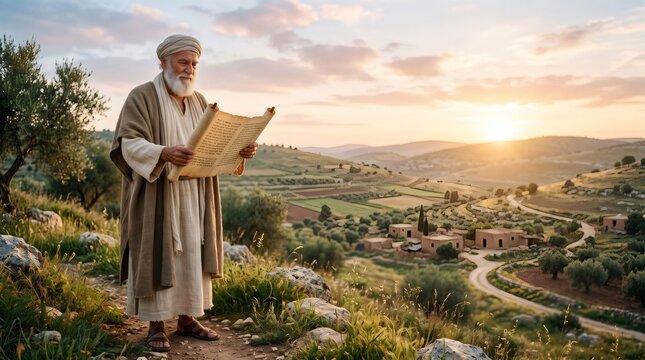 Prophet Samuel reading ancient scripture scroll biblical landscape