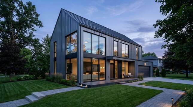 Modern luxury house exterior with large glass windows at dusk.