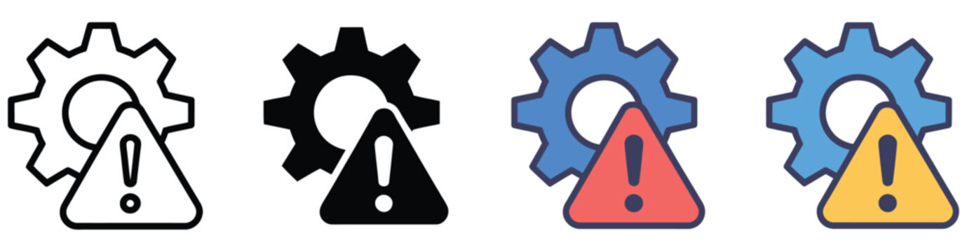 Failure Icon Set Featuring Gear and Exclamation Mark Symbols for System Error Warning Technical Issues and Industrial Malfunction Vector Designs