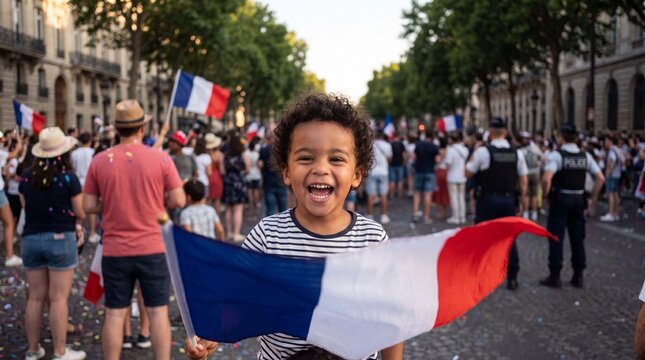 A happy mixed race child holds a large French flag during Bastille Day parade on Paris boulevard for national holiday promotional banners and cards