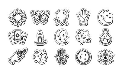 Minimal boho witch magic sticker icons thin line tarot butterfly candle vector EPS 10 © Md Monirul