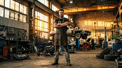 Fototapeta premium Confident auto mechanic standing with crossed arms in a professional car repair workshop.