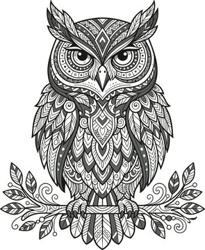 Ornate zentangle owl illustration perched on a tree branch with intricate patterns for adult coloring page black