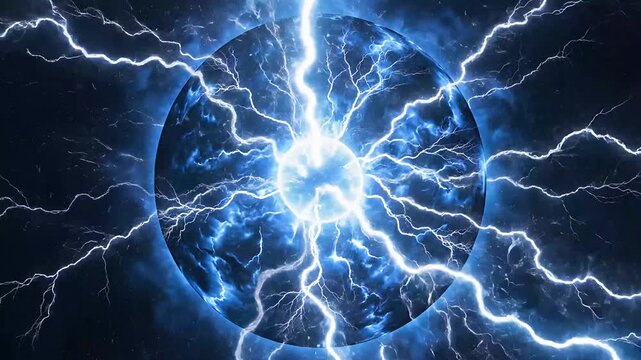 Electricity crackles inside a luminous sphere, showcasing brilliant blue lightning branches that strike outward from a central glowing point, set against a dark and moody atmospheric backdrop.