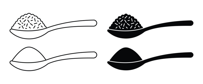 Spoon Icon Set &ndash; Full Spoon, Cutlery Utensil, Kitchen Dining Tool, Cooking Flatware, Outline & Silhouette Vector Collection
