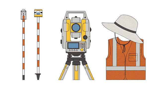 Land surveying equipment set with total station and safety gear