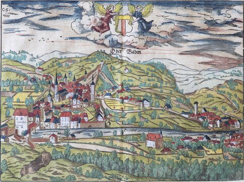 Ober Baden, hand-coloured woodcut by Sebastian M&uuml;nster from the Cosmographia Universalis, Basel 1550, Switzerland