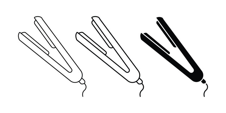 Hair Straightener Icon Set &ndash; Flat Iron Styling Tool, Hair Styler, Beauty Salon Equipment, Outline & Silhouette Vector Collection