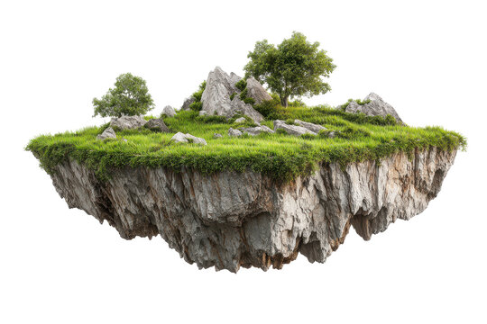 Serene floating island with lush greenery and rocks isolated on transparent background. Miniature rocky island with green grass and trees isolated on white background.