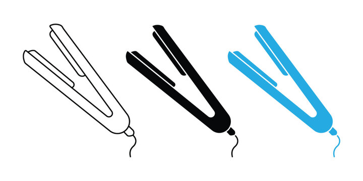Hair Straightener Icon Set &ndash; Flat Iron Styling Tool, Hair Styler, Beauty Salon Equipment, Outline & Silhouette Vector Collection