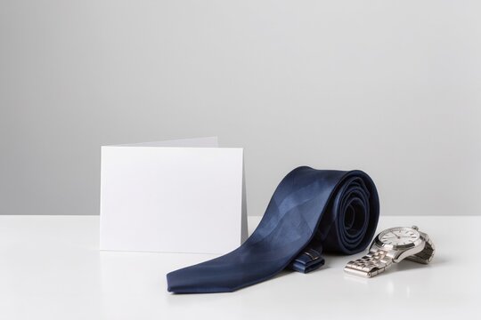 Cravate noire, montre-bracelet et carte de f&ecirc;te des p&egrave;res sur une table blanche, concept de cadeau &eacute;l&eacute;gant pour papa