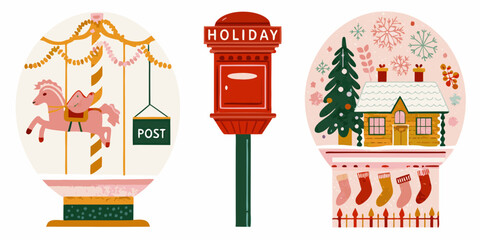 Winter holiday scenes with carousel mailbox and snow globe illustration © prince