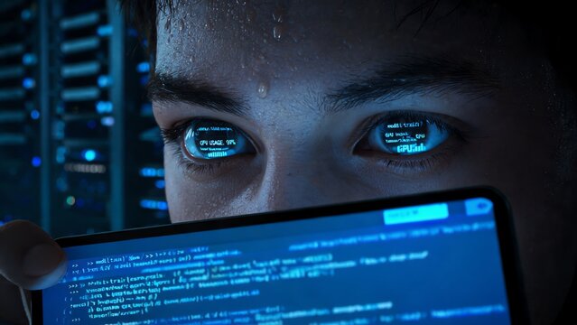 Close-up of Hands Interacting with Holographic Parameter Matrix