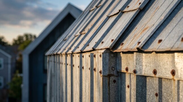 Close up of weathered metal siding and roof on a modern barn structure.