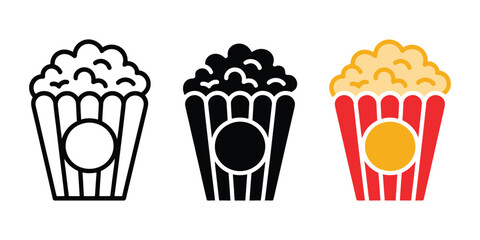 Popcorn bucket, outline solid and colorful cartoon icon styles, cinema snack vector illustration for entertainment design © SAHIDUL ISLAM