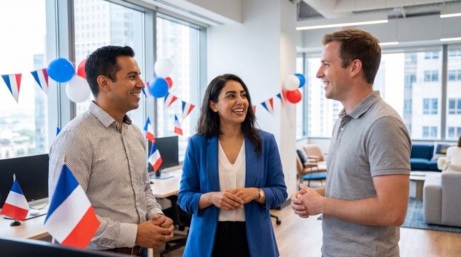 Three diverse business professionals enjoy a friendly conversation with French flags and balloons during Bastille Day office celebration for corporate communications
