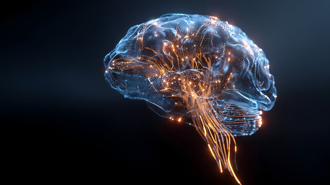 Advanced AI technology background with a glowing digital brain hologram and circuit data streams