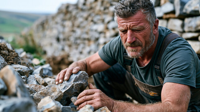 Weathered dry stone waller crouching on steep Yorkshire hillside carefully selecting irregular limestone piece from field pile, calloused hands testing weight and fit, ancient boundary wall rising b