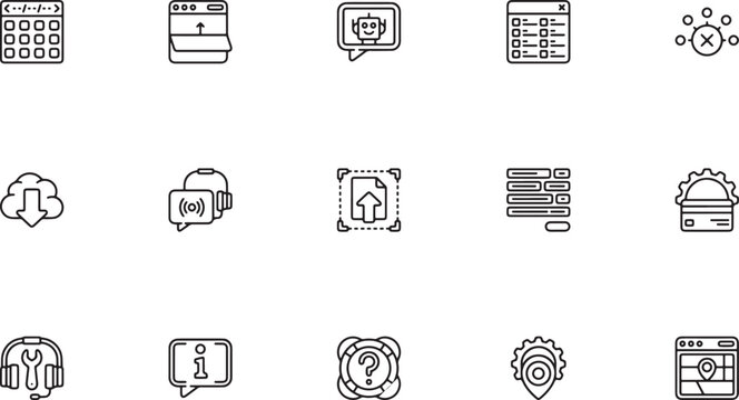 Web development and digital software programming outline vector icons featuring browser tabs automated chat bots code spreadsheets and file upload transfers