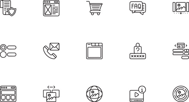 E-commerce website and customer support outline vector icons featuring digital wireframes shopping carts FAQ chat bubbles phone calls and secure passwords