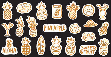 Set of hand-drawn pineapple stickers, including whole fruits, slices, cocktails, and other tropical elements, on a dark background. © Riki