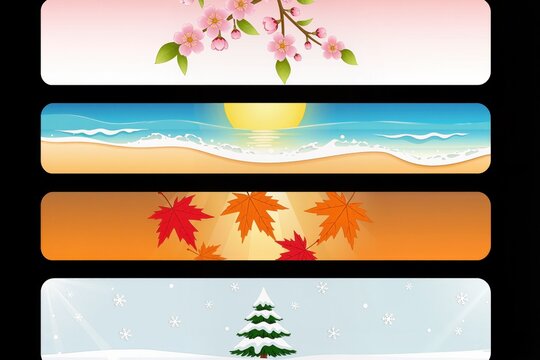 Collection d&rsquo;illustrations et banni&egrave;res des quatre saisons en style minimaliste avec printemps, &eacute;t&eacute;, automne et hiver