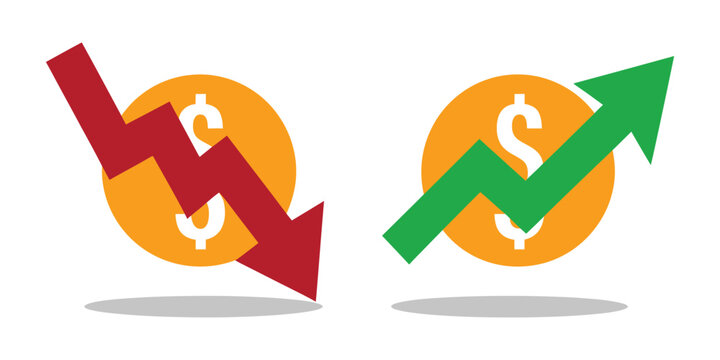 Price icon, cost, profit, rate and financial growth symbols with dollar, coin and directional arrows, vector illustration