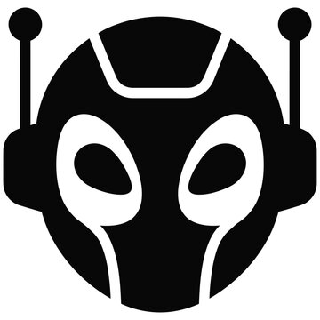 Black and white alien face with large eyes and antennae on head