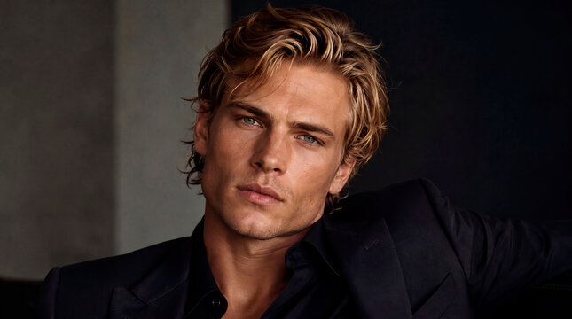 Close-up studio portrait of a handsome young Caucasian man with blonde wavy hair and green eyes, wearing a stylish black suit and unbuttoned shirt. Elegant, high-fashion editorial look with cinematic 