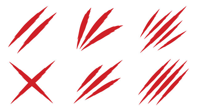 Set of red animal claw scratch marks and slash signs