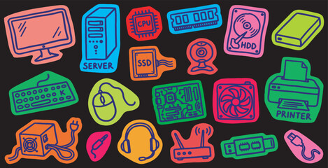 Colorful hand-drawn doodle computer components and accessories as stickers on a dark background, representing technology and electronics. © Riki