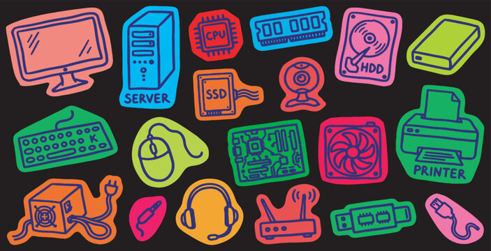 Colorful hand-drawn doodle computer components and accessories as stickers on a dark background, representing technology and electronics.