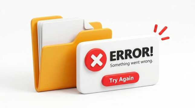 Vibrant 3D render of a digital folder displaying an 'ERROR! Something went wrong' message, symbolizing a data access or system failure problem.