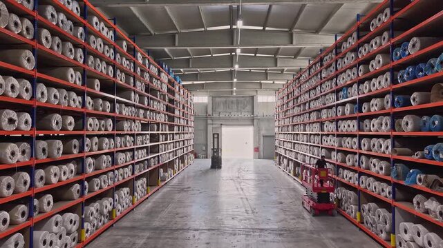 Wrapped yarn bobbins are stored on high shelves inside a textile warehouse with a forklift work area. This video frame shows stock management, raw material storage, logistics, and industrial warehouse