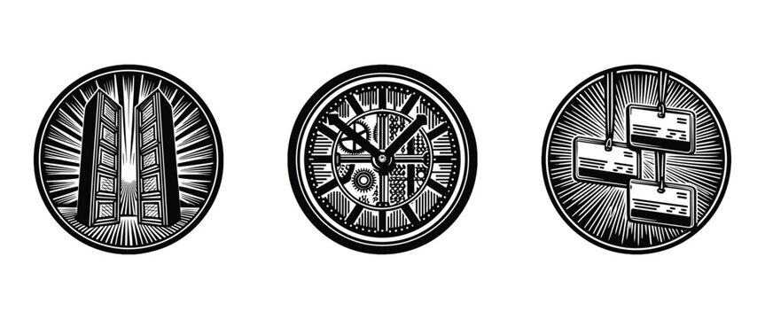 Linocut Cyber Monday vector design bundle featuring server towers, a steampunk clock with gears, and hanging ID cards or price tags emblem icons.