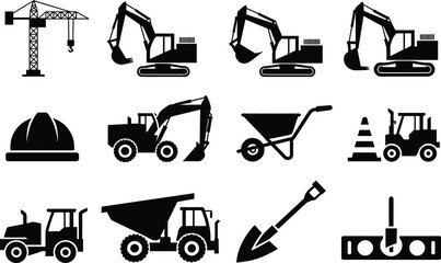 Construction equipment and heavy machinery icon set featuring excavators dumper truck tower crane wheelbarrow shovel and safety helmet isolated on white background © Sandra Weiss