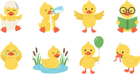 Fototapeta premium Cute Cartoon Duckling Vector Set, Funny Yellow Character Illustration Collection with Baby Duck in Different Poses and Emotions
