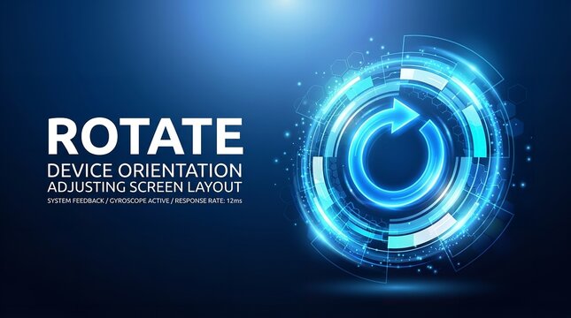 Digital illustration of a glowing blue rotate icon with an arrow in a circular motion, symbolizing device orientation adjustment and screen layout changes on a dark background