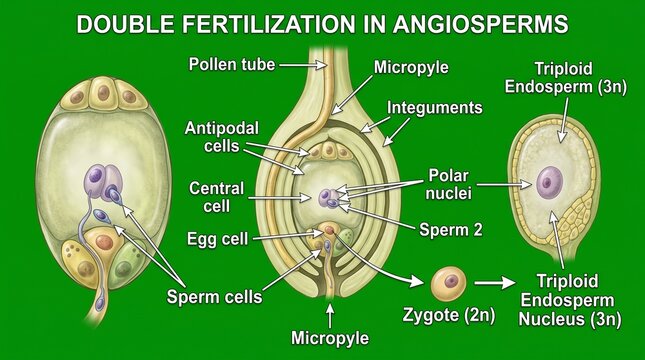 Scientific Diagram Illustrating Double Fertilization Process in Angiosperms