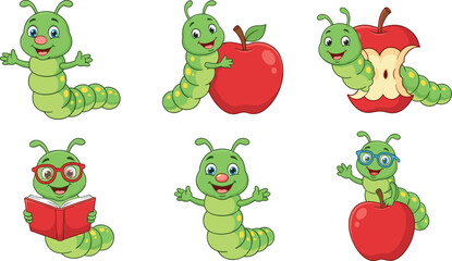 Fototapeta premium Cute Cartoon Caterpillar Vector Set, Funny Green Character Illustration Collection with Caterpillar Eating Apple and Reading Book
