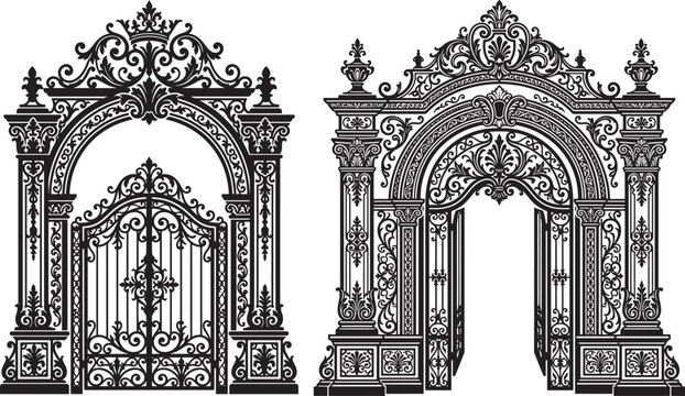 Ornate wrought iron gate silhouettes on white background with silhouette entrance decorative architecture entryway exterior