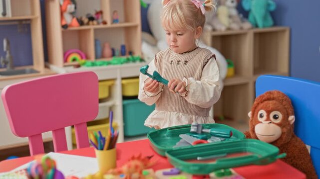Little blonde girl studies a green toy screwdriver with both hands at a preschool building play table; curiosity focus.