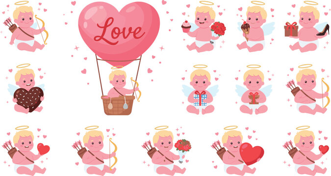 Cute Cupid Valentine Vector Set, Baby Angel Character Illustration Collection with Heart Bow Arrow and Love Balloon Elements
