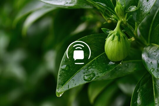 Raindrops rest on a green leaf while a digital notification ping icon appears, merging nature and technology into one visual moment.