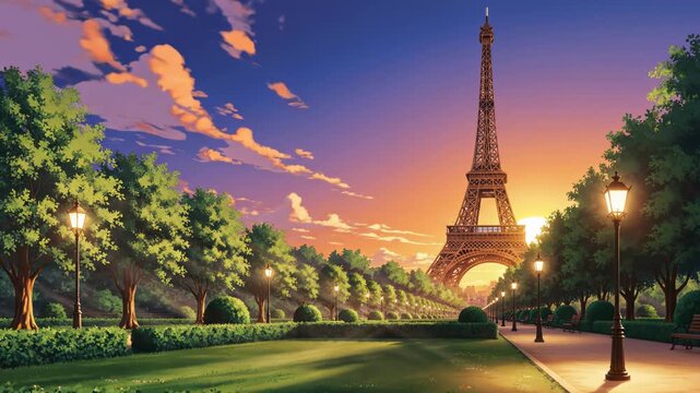 Eiffel Tower Paris France Sunset Scene.