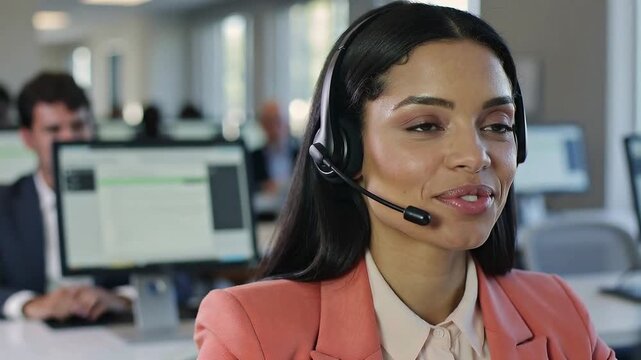 Woman talks on headset in office with coworkers working at computers in background during busy workday