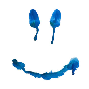 Simple Painting of a Smiling Face with Tears Drawn in Blue Watercolor