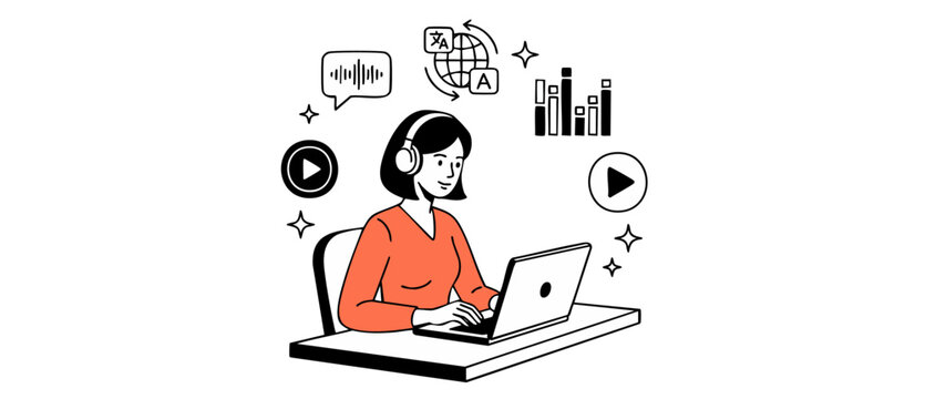 Language translation online interpreter woman using laptop and headphones to transcribe audio and video files while working remotely from home, minimalist line art vector illustration design.